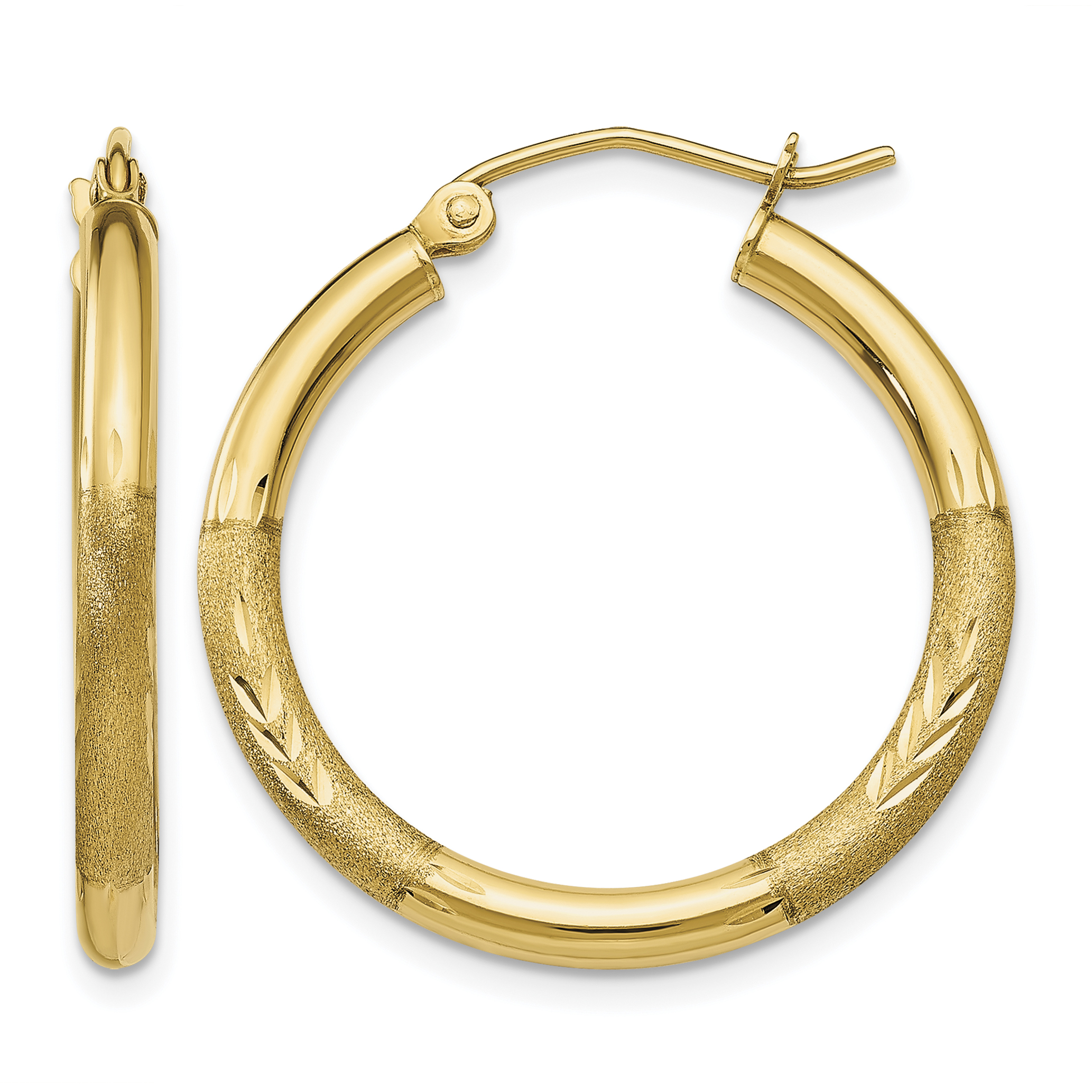 14k Satin and Diamond-cut 2.5mm Round Hoop Earrings (TC244)