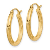 14K Yellow Gold 2.5x 20mm Satin Diamond-cut Round Tube Hoop Earrings view 2
