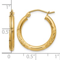 14K Yellow Gold 2.5x 20mm Satin Diamond-cut Round Tube Hoop Earrings view 4