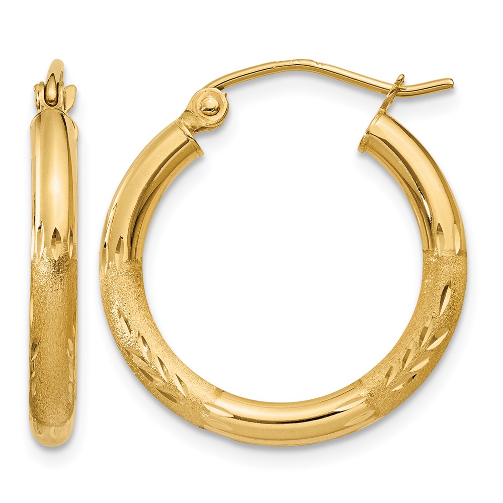 14K Yellow Gold 2.5x 20mm Satin Diamond-cut Round Tube Hoop Earrings