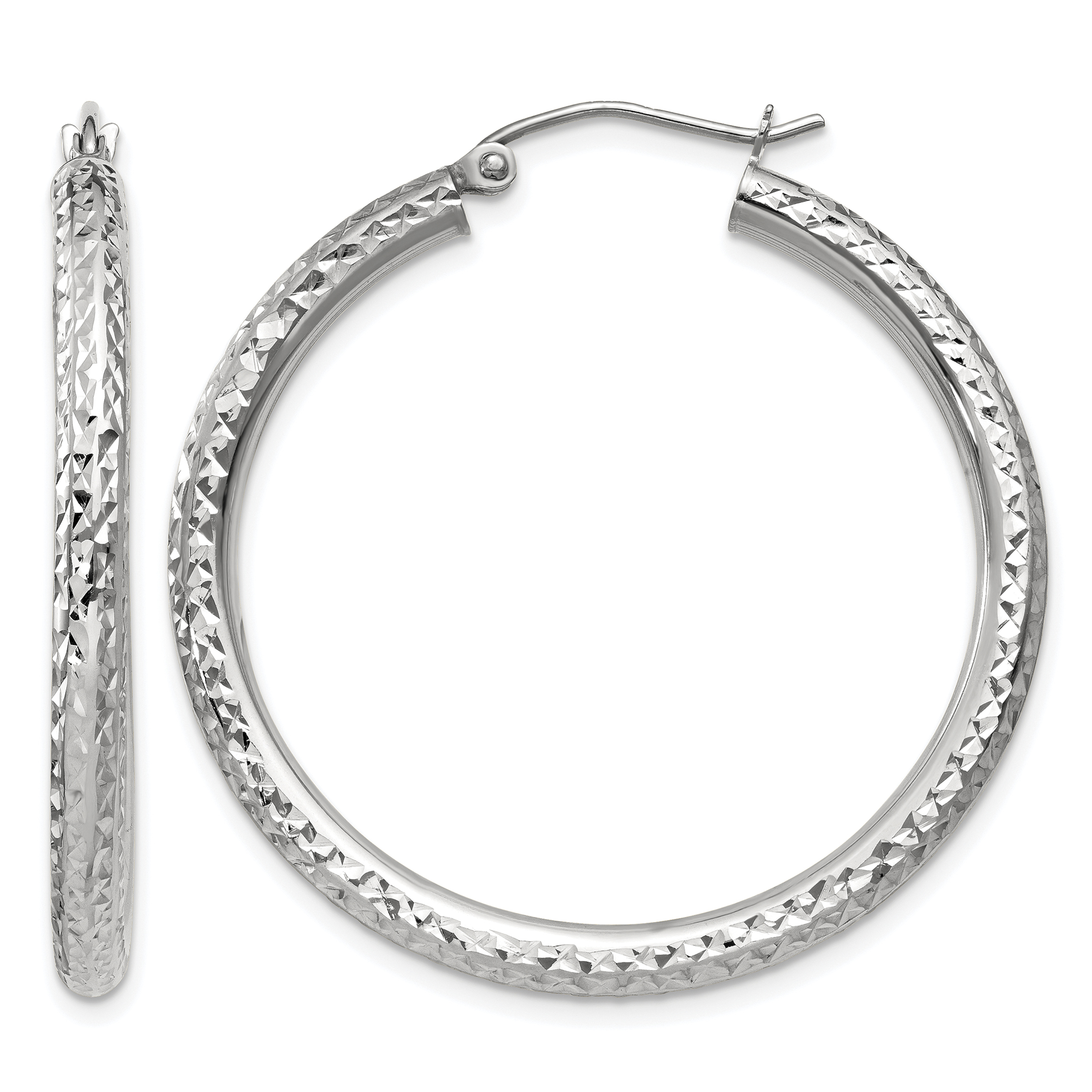 14k White Gold Diamond-cut 3mm Round Hoop Earrings (TC251)