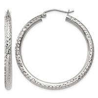 14K White Gold 3x 35mm Diamond-cut Round Tube Hoop Earrings view 1