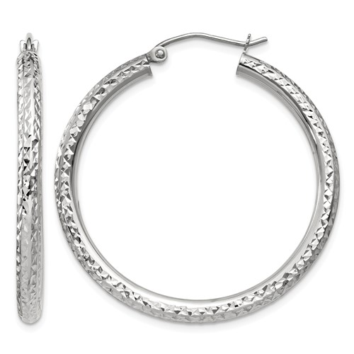 14K White Gold 3x 35mm Diamond-cut Round Tube Hoop Earrings