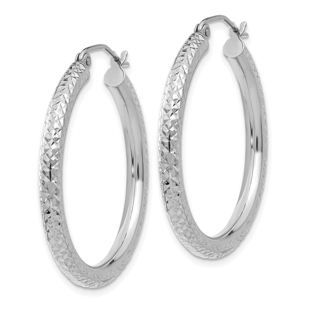 14k White Gold Diamond-cut 3mm Round Hoop Earrings (TC252)