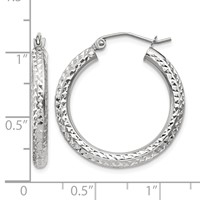 14K White Gold 3x 25mm Diamond-cut Round Tube Hoop Earrings view 4