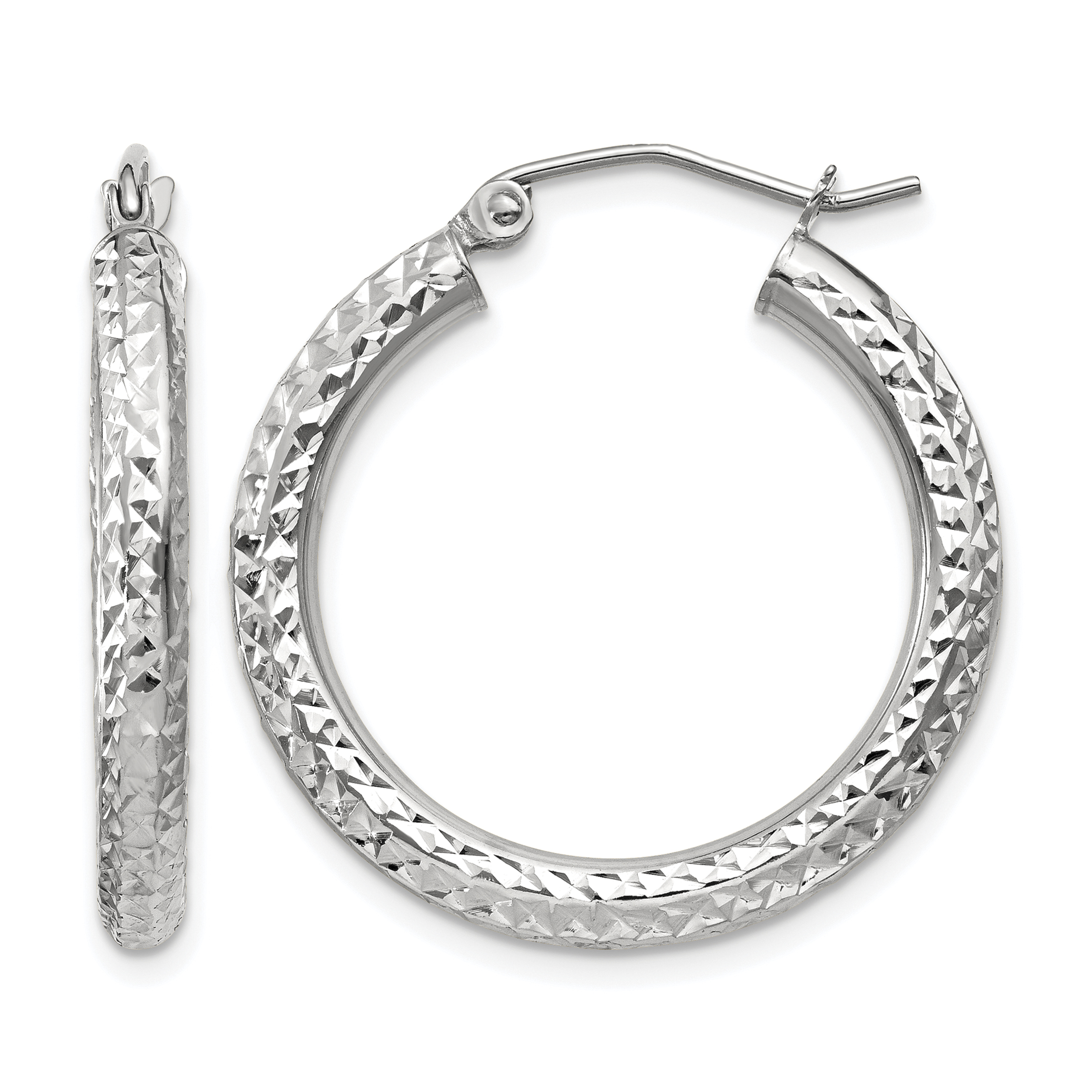 14k White Gold Diamond-cut 3mm Round Hoop Earrings (TC253)