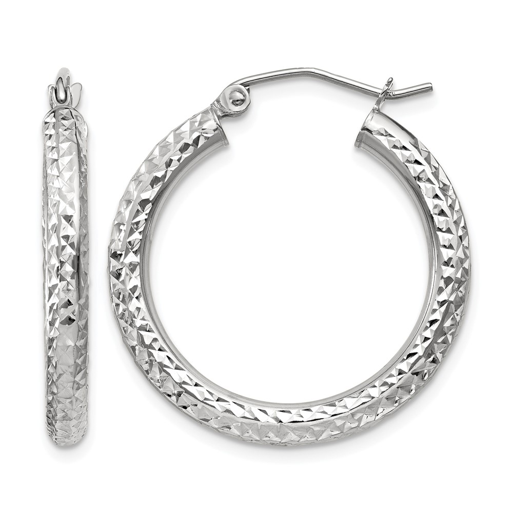 14k White Gold Diamond-cut 3mm Round Hoop Earrings (TC253)