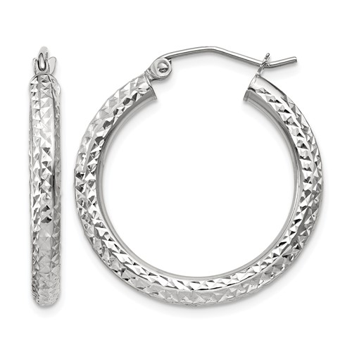 14K White Gold 3x 25mm Diamond-cut Round Tube Hoop Earrings