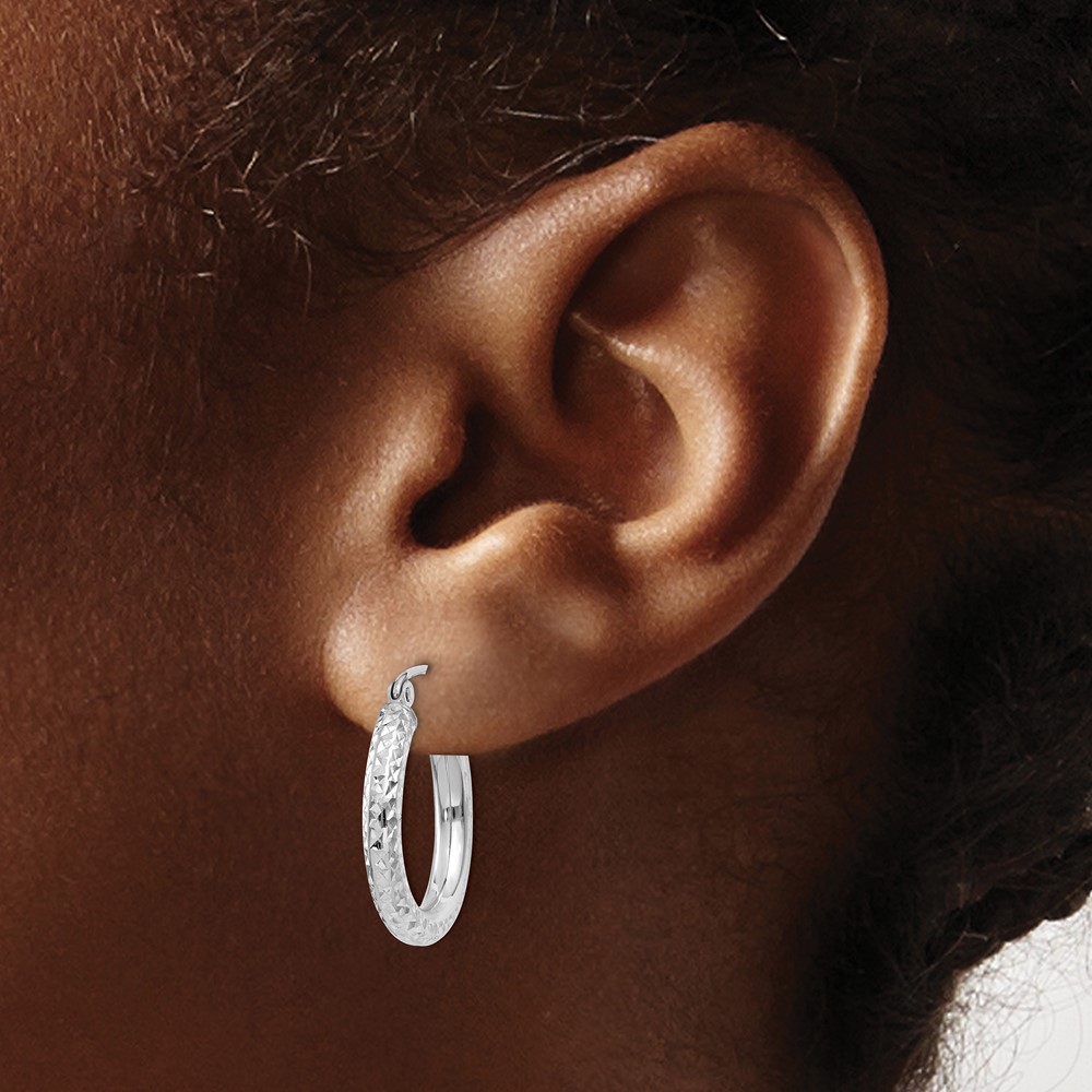 14k White Gold Diamond-cut 3mm Round Hoop Earrings (TC254)