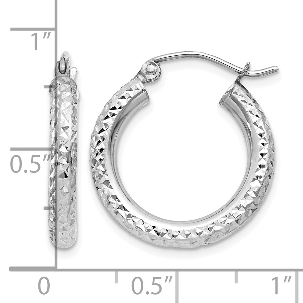 14k White Gold Diamond-cut 3mm Round Hoop Earrings (TC254)