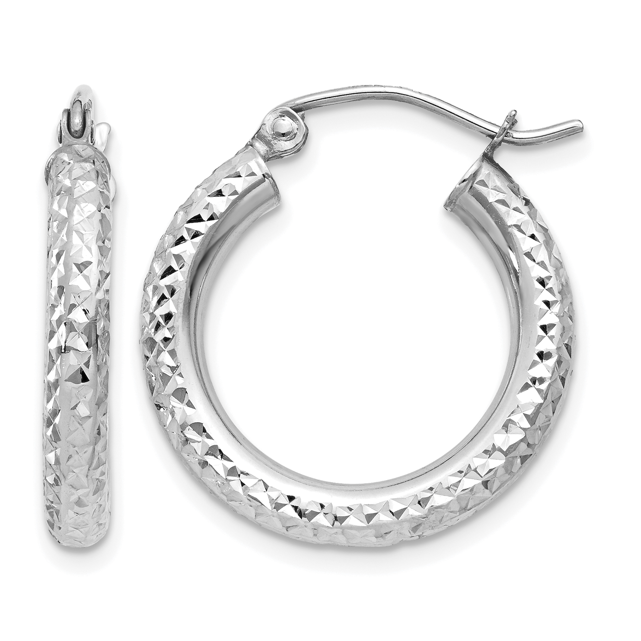 14k White Gold Diamond-cut 3mm Round Hoop Earrings (TC254)
