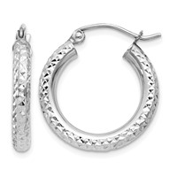 14K White Gold 3x 20mm Diamond-cut Round Tube Hoop Earrings view 1