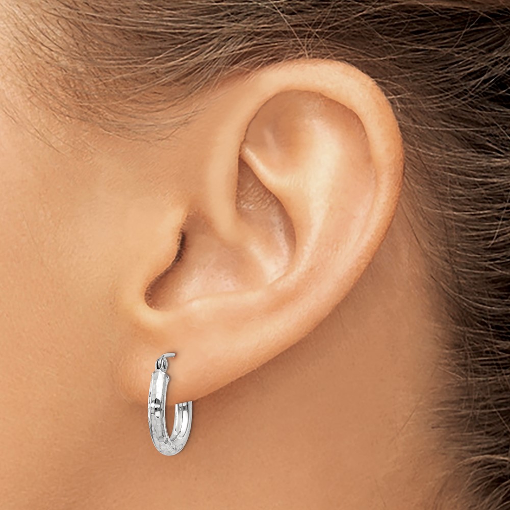 14k White Gold Diamond-cut 3mm Round Hoop Earrings (TC255)