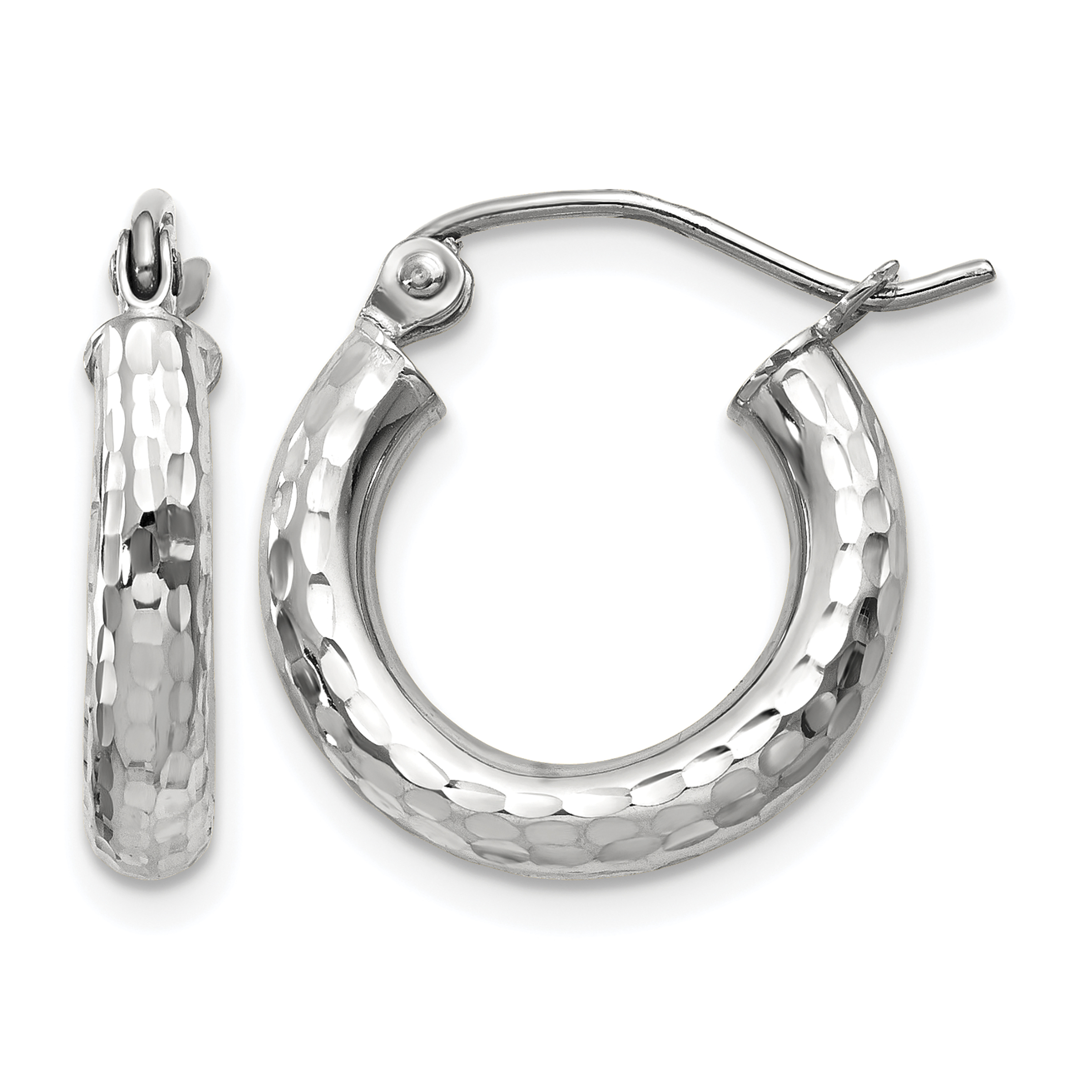 14k White Gold Diamond-cut 3mm Round Hoop Earrings (TC255)