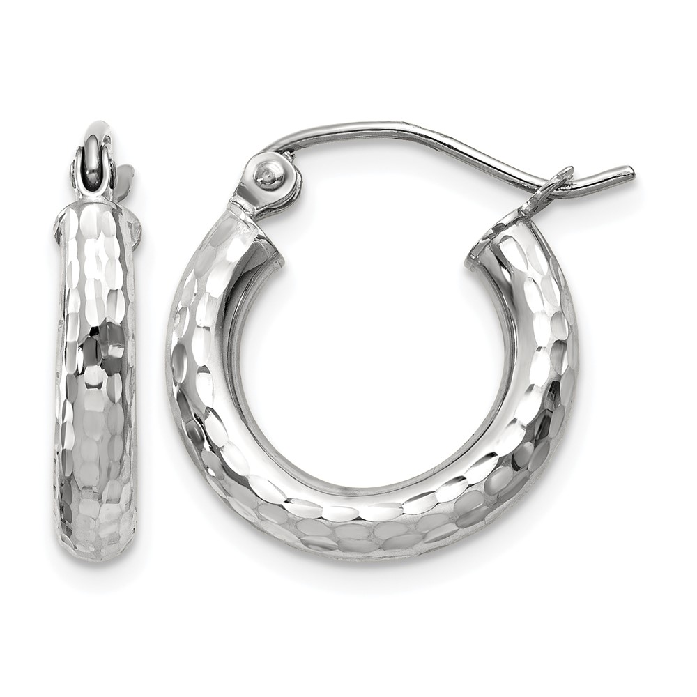 14k White Gold Diamond-cut 3mm Round Hoop Earrings (TC255)