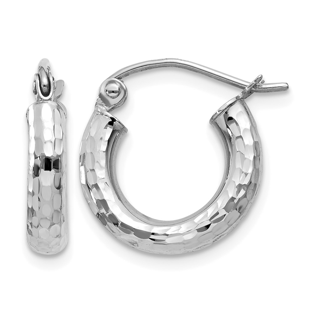 14k White Gold Diamond-cut 3mm Round Hoop Earrings (TC256)