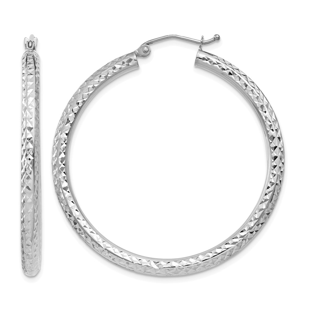 14k White Gold Diamond-cut 3mm Round Hoop Earrings (TC257)