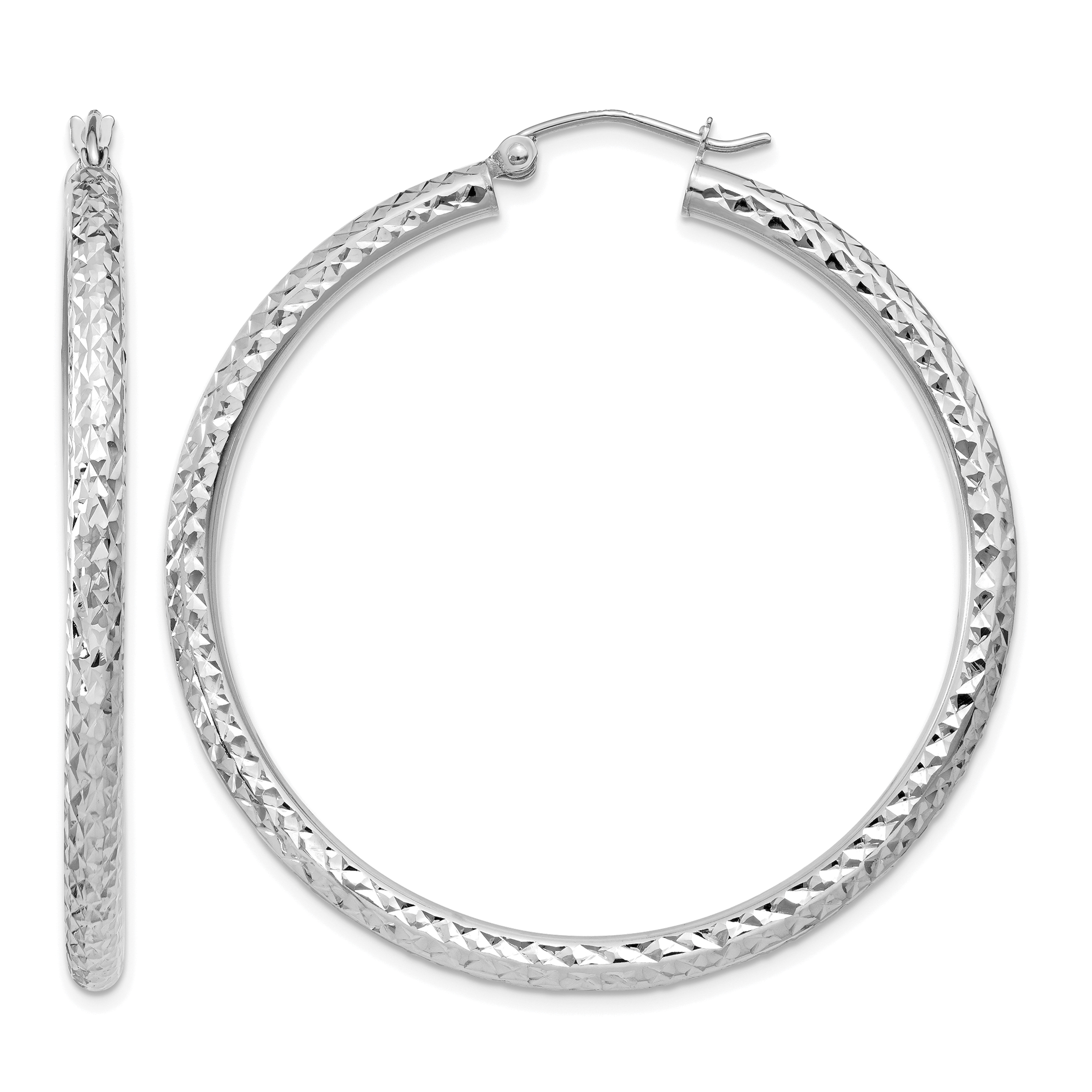 14k White Gold Diamond-cut 3mm Round Hoop Earrings (TC258)