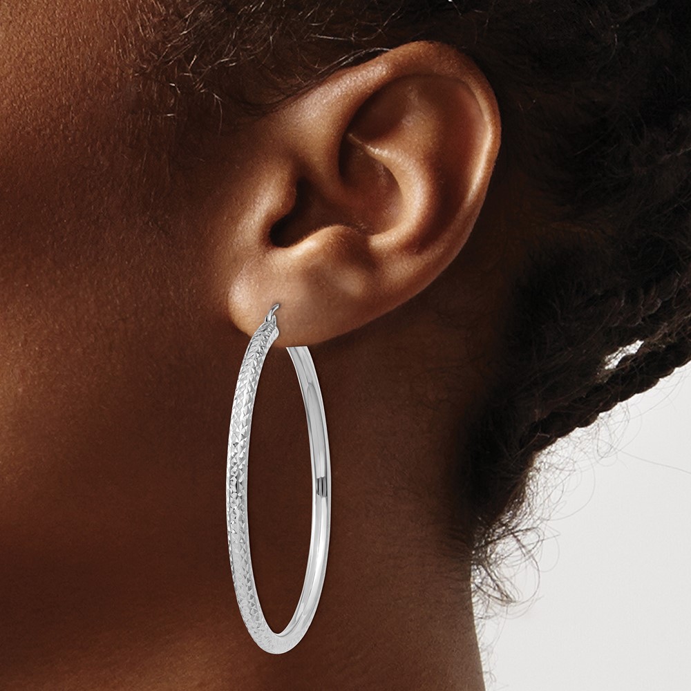 14k White Gold Diamond-cut 3mm Round Hoop Earrings (TC259)