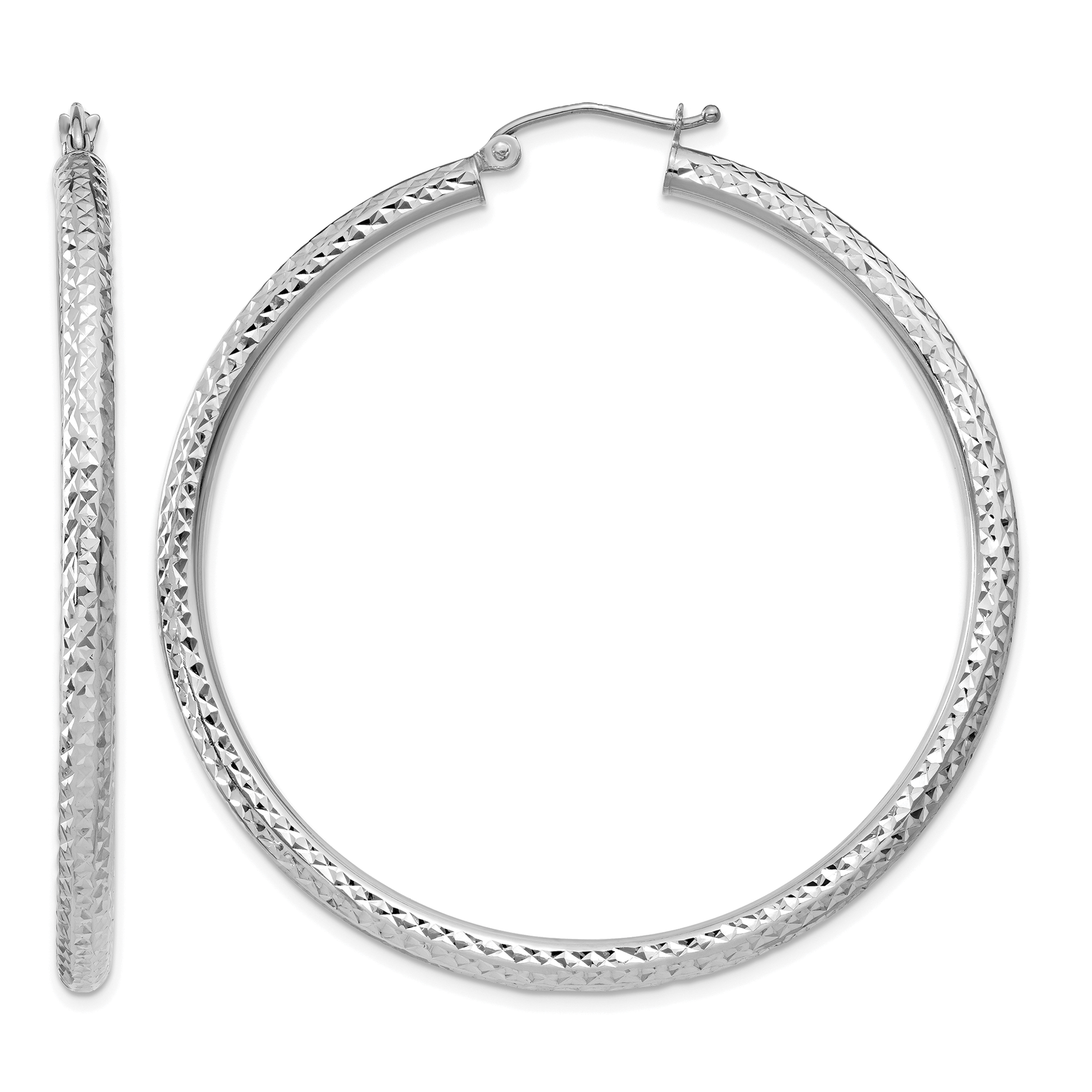 14k White Gold Diamond-cut 3mm Round Hoop Earrings (TC259)