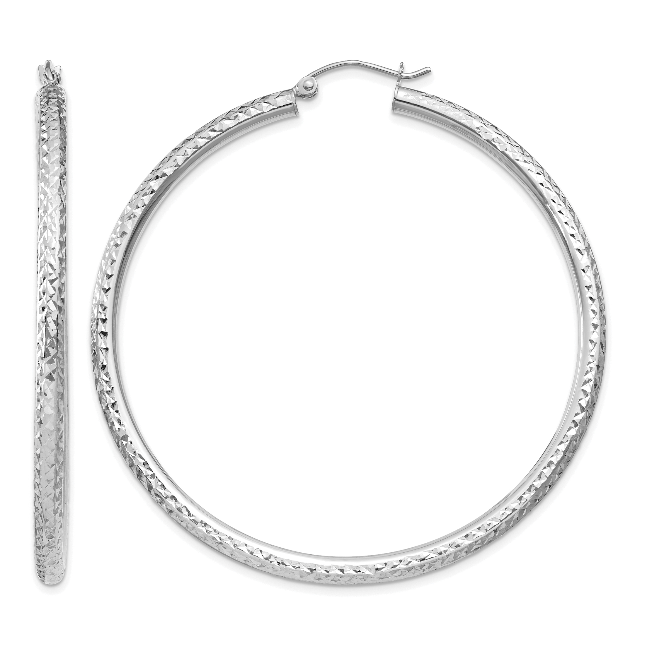 14k White Gold Diamond-cut 3mm Round Hoop Earrings (TC260)