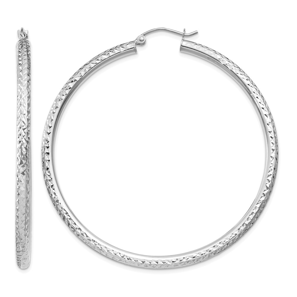 14k White Gold Diamond-cut 3mm Round Hoop Earrings (TC260)