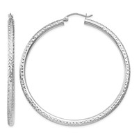 14K White Gold 3x 55mm Diamond-cut Round Tube Hoop Earrings view 1