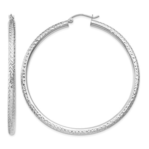 14K White Gold 3x 55mm Diamond-cut Round Tube Hoop Earrings
