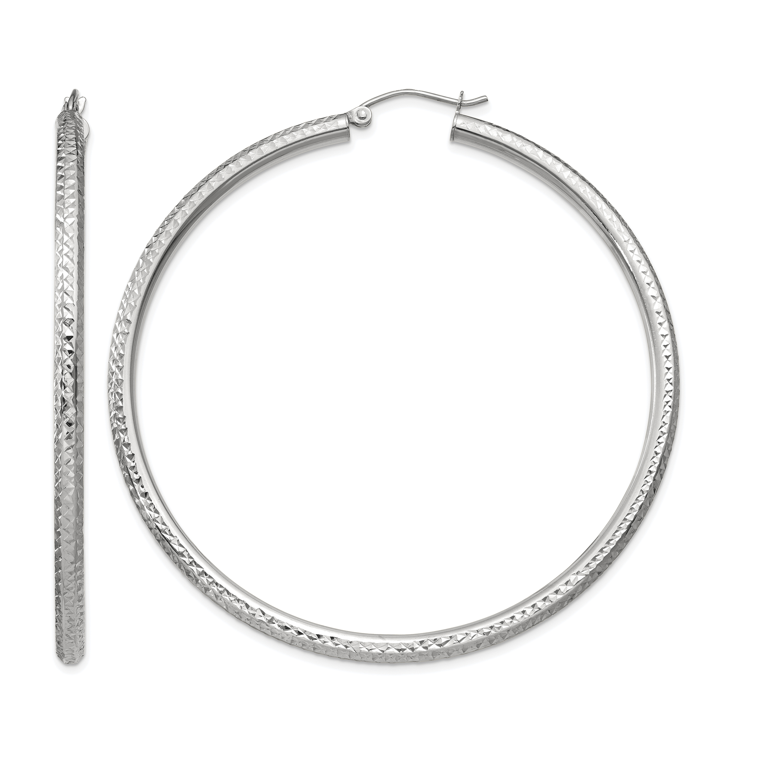 14k White Gold Diamond-cut 3mm Round Hoop Earrings (TC261)