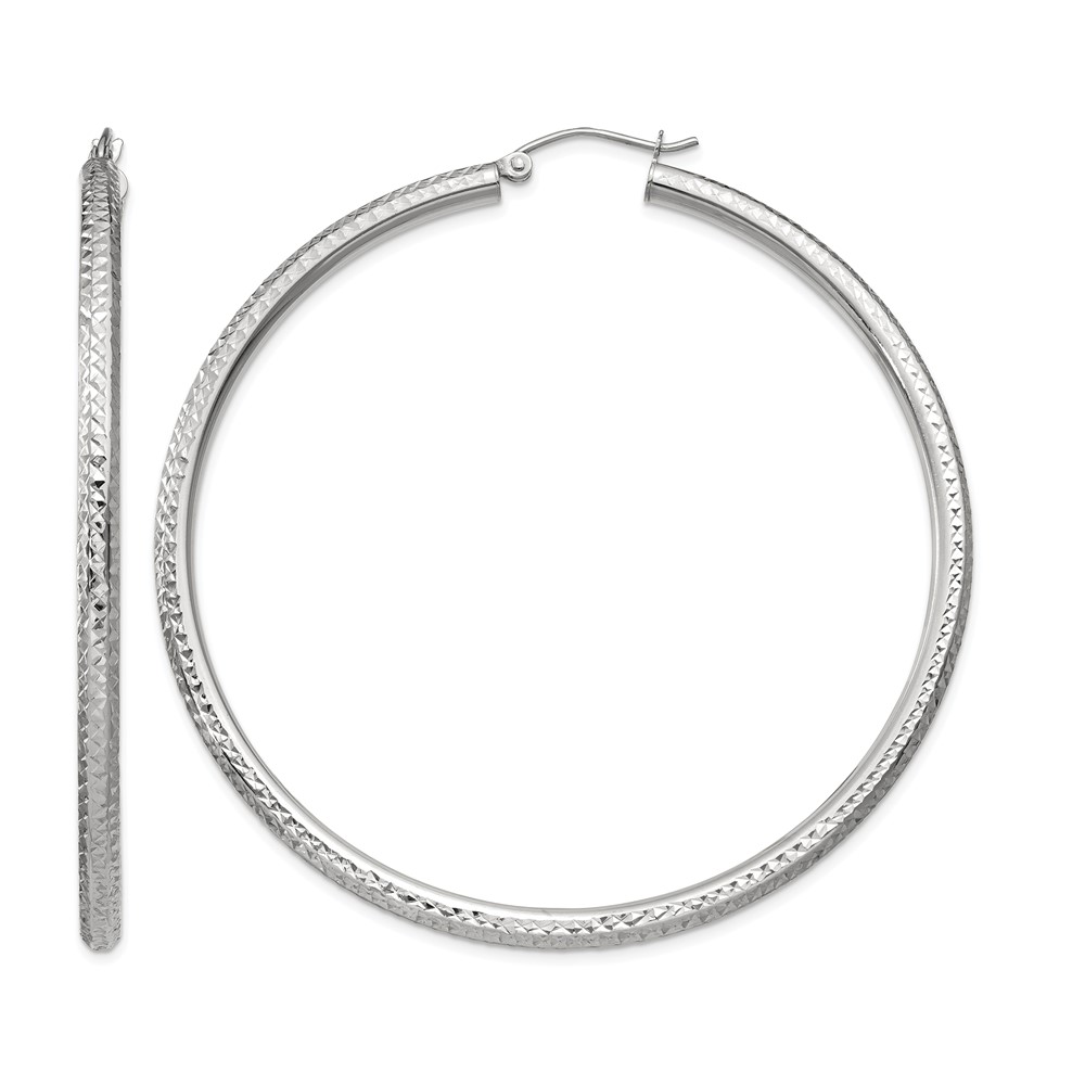 14k White Gold Diamond-cut 3mm Round Hoop Earrings (TC261)