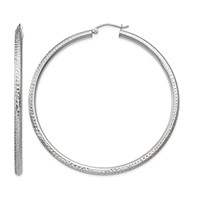 14K White Gold 3x 60mm Diamond-cut Round Tube Hoop Earrings view 1