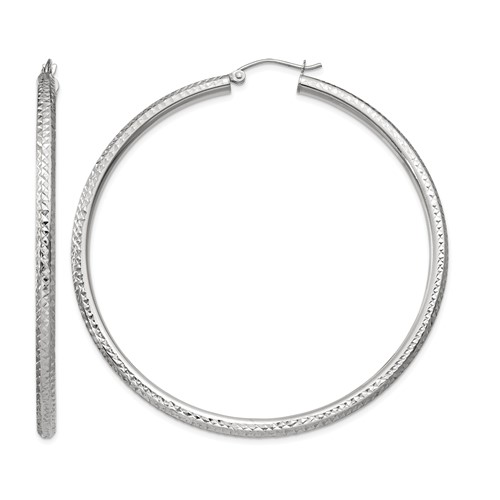 14K White Gold 3x 60mm Diamond-cut Round Tube Hoop Earrings