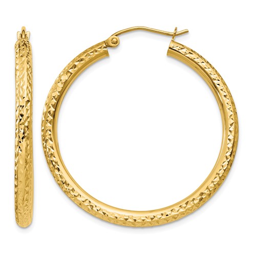 14K Yellow Gold 3x 35mm Diamond-cut Round Tube Hoop Earrings