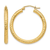 14K Yellow Gold 3x 30mm Diamond-cut Round Tube Hoop Earrings view 1