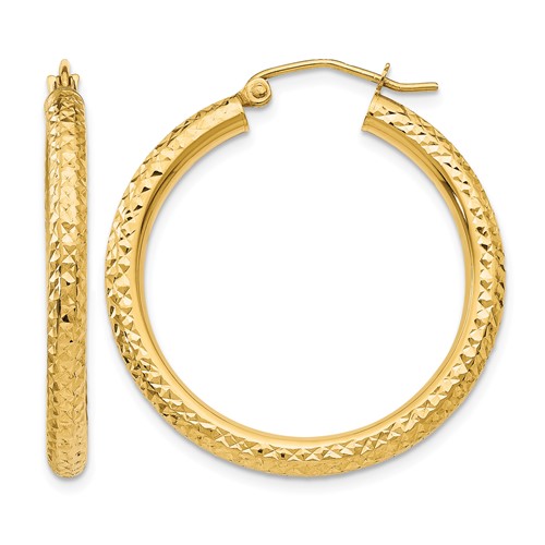 14K Yellow Gold 3x 30mm Diamond-cut Round Tube Hoop Earrings