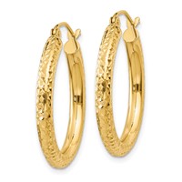14K Yellow Gold 3x 25mm Diamond-cut Round Tube Hoop Earrings view 2
