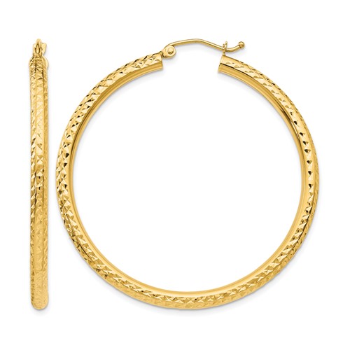 14K Yellow Gold 3x 45mm Diamond-cut Round Tube Hoop Earrings