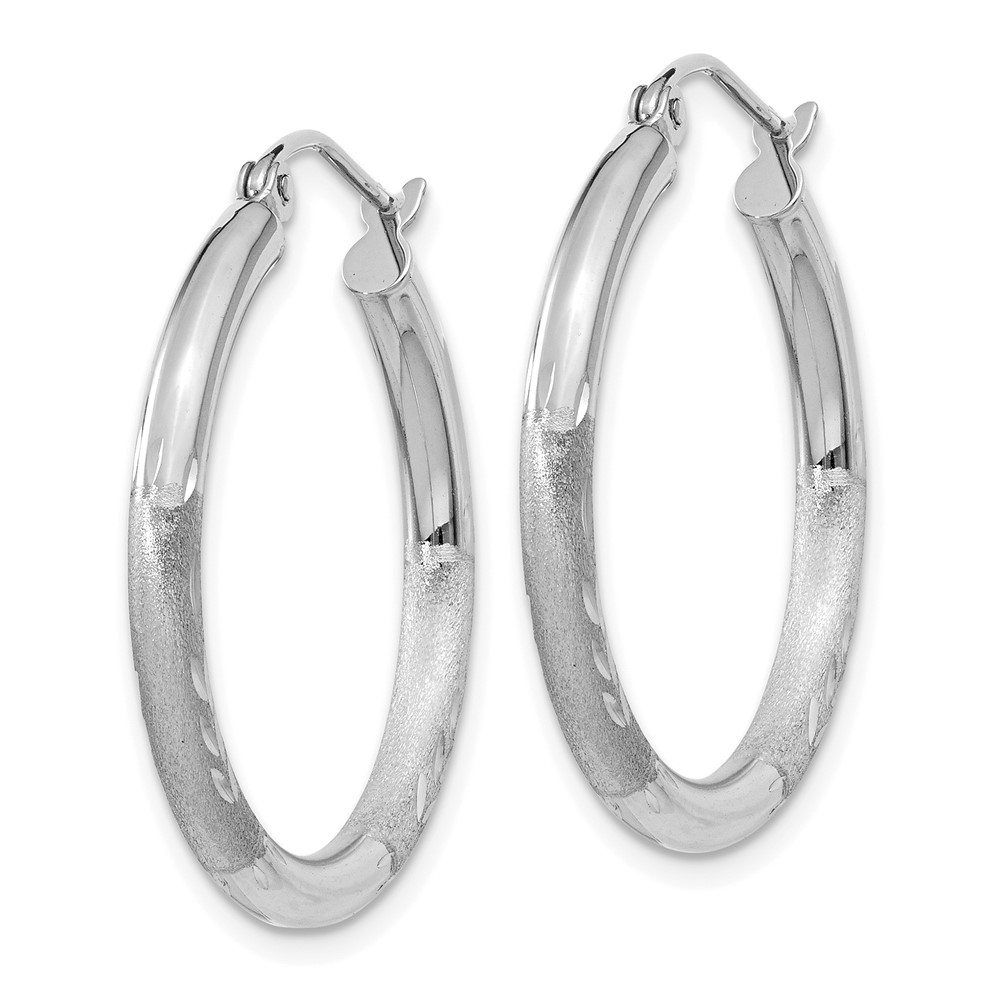 14k White Gold Satin and Diamond-cut 3mm Round Hoop Earrings (TC277)