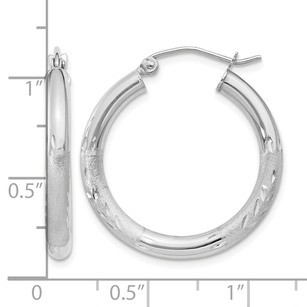 14k White Gold Satin and Diamond-cut 3mm Round Hoop Earrings (TC277)