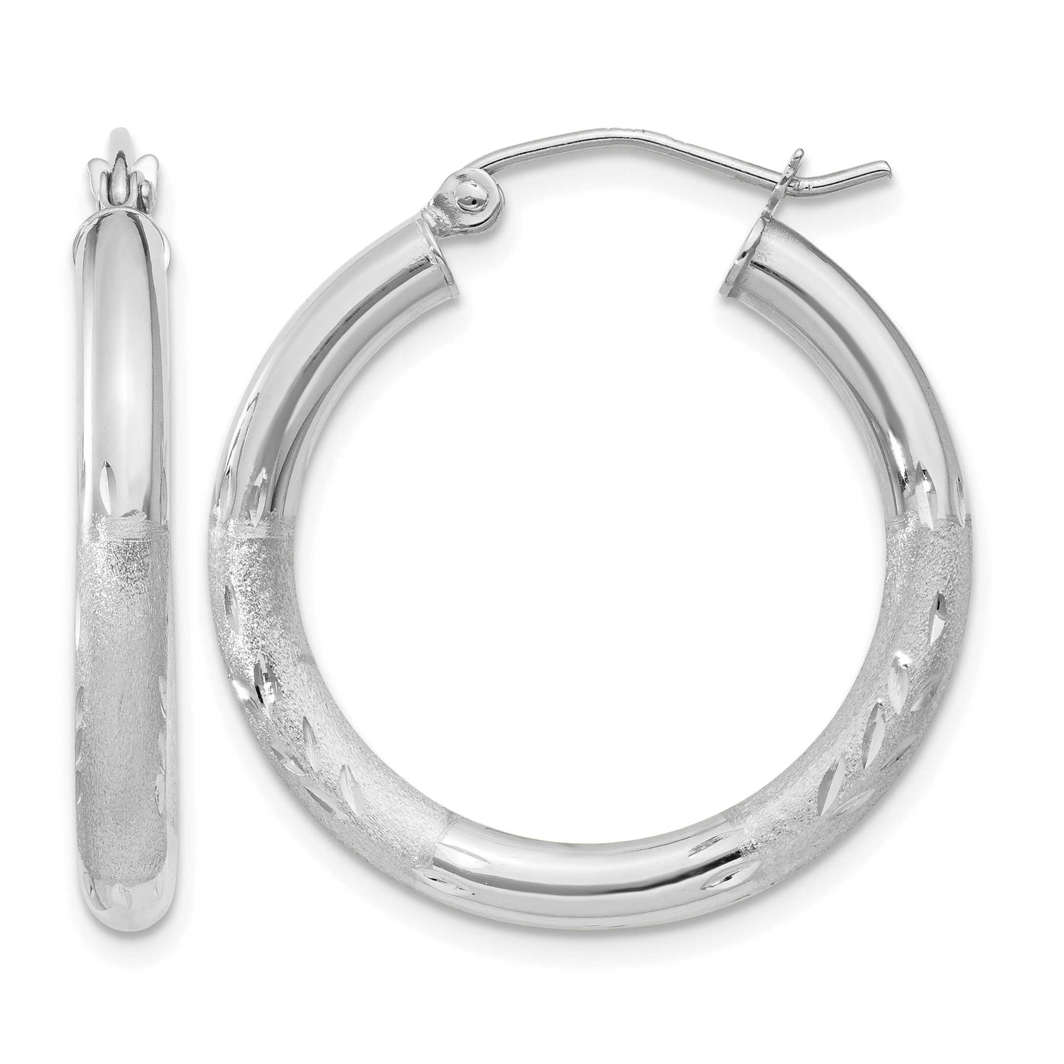 14k White Gold Satin and Diamond-cut 3mm Round Hoop Earrings (TC277)