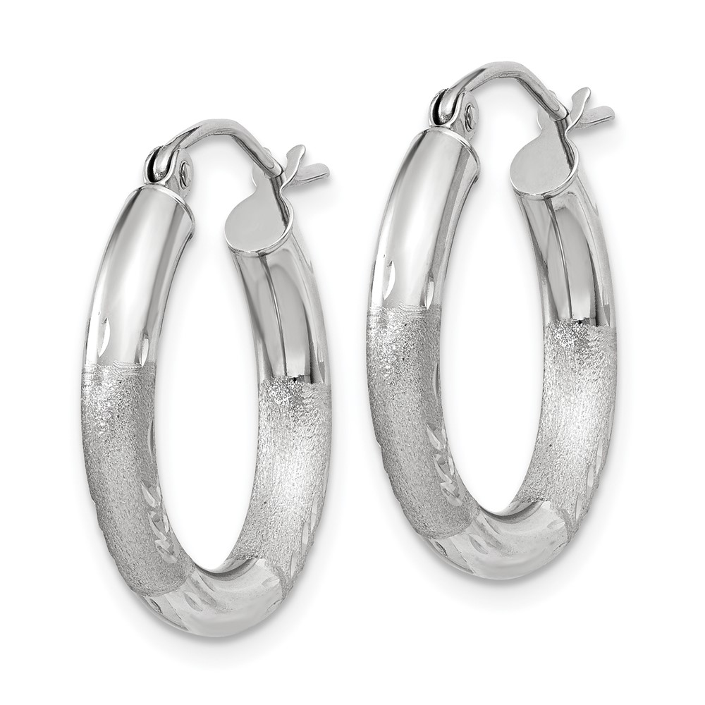 14k White Gold Satin and Diamond-cut 3mm Round Hoop Earrings (TC278)