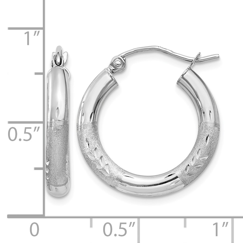 14k White Gold Satin and Diamond-cut 3mm Round Hoop Earrings (TC278)