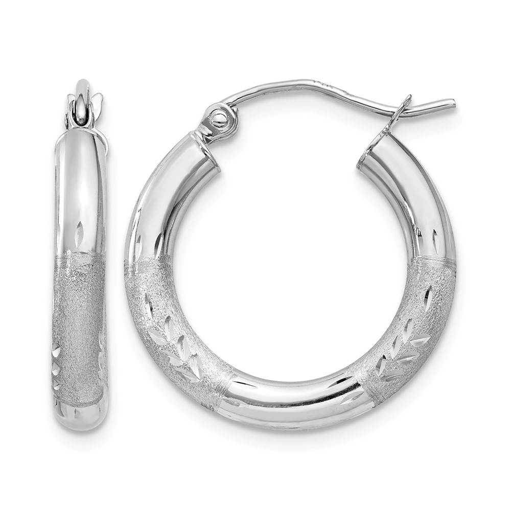 14k White Gold Satin and Diamond-cut 3mm Round Hoop Earrings (TC278)