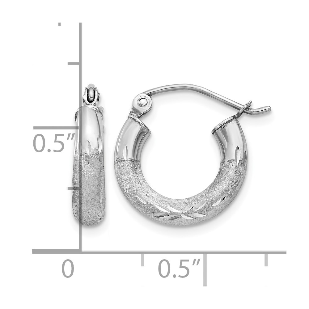 14k White Gold Satin and Diamond-cut 3mm Round Hoop Earrings (TC280)