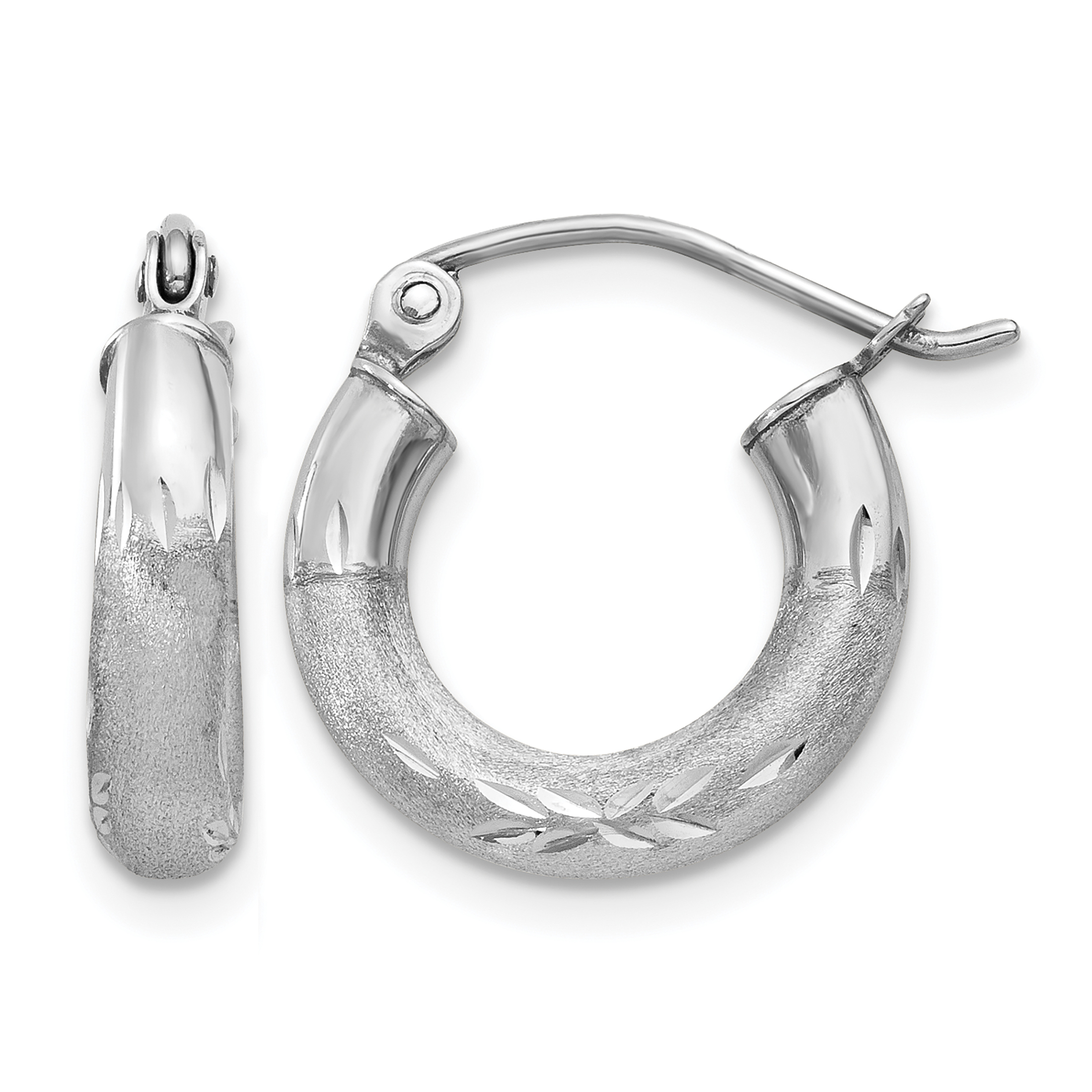 14k White Gold Satin and Diamond-cut 3mm Round Hoop Earrings (TC280)