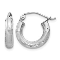 14K White Gold 3x 13mm Satin Diamond-cut Round Tube Hoop Earrings view 1