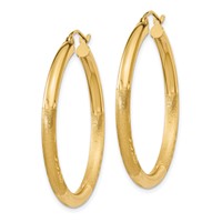 14K Yellow Gold 3x 35mm Satin Diamond-cut Round Tube Hoop Earrings view 2