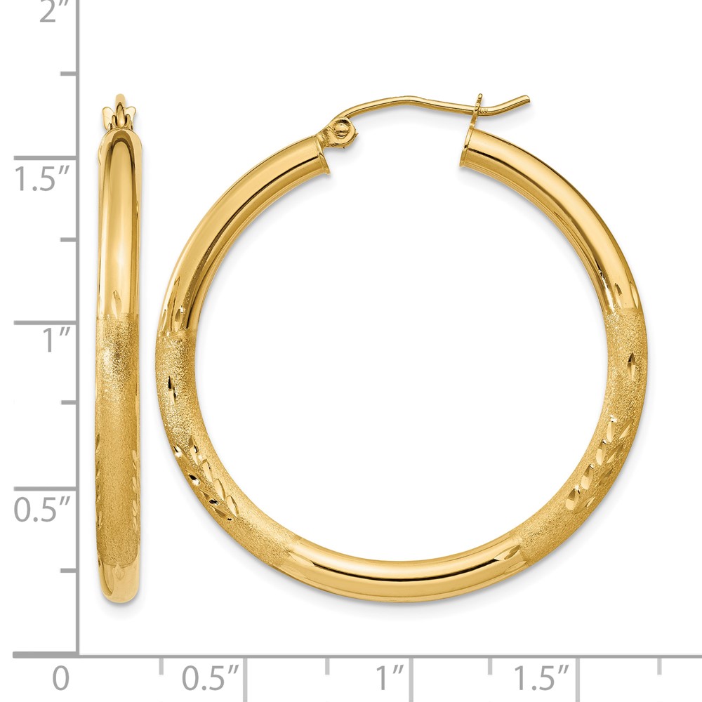 14k Satin and Diamond-cut 3mm Round Hoop Earrings (TC287)