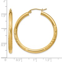 14K Yellow Gold 3x 35mm Satin Diamond-cut Round Tube Hoop Earrings view 4
