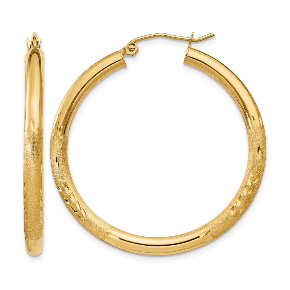 14k Satin and Diamond-cut 3mm Round Hoop Earrings (TC287)